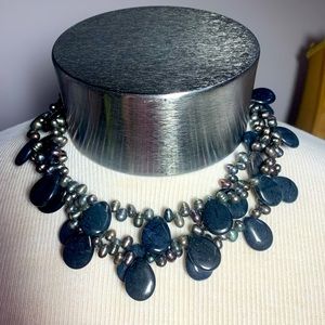 Dumortierite black pearl necklace natural stones tear drop
